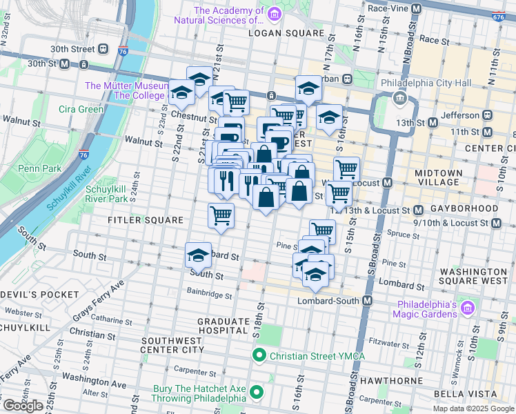 map of restaurants, bars, coffee shops, grocery stores, and more near in Philadelphia