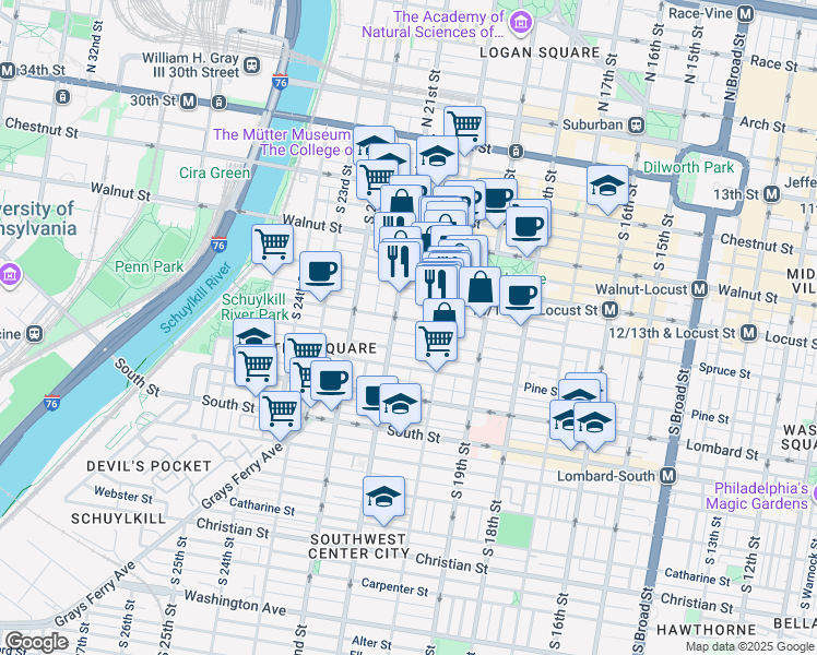 map of restaurants, bars, coffee shops, grocery stores, and more near 2023 Cypress Street in Philadelphia