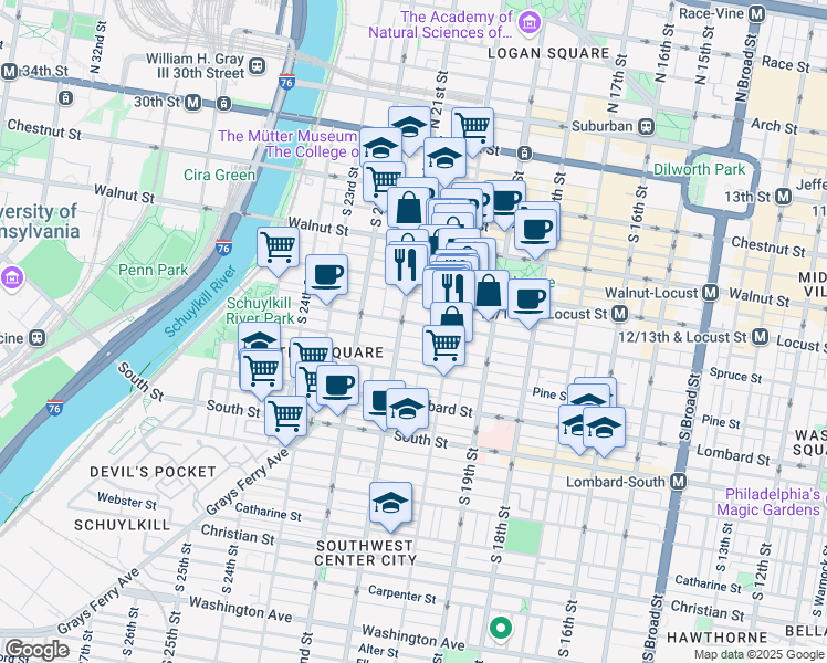map of restaurants, bars, coffee shops, grocery stores, and more near 2023 Cypress Street in Philadelphia