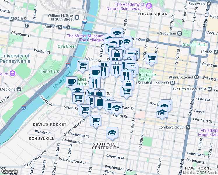 map of restaurants, bars, coffee shops, grocery stores, and more near 2123 Cypress Street in Philadelphia