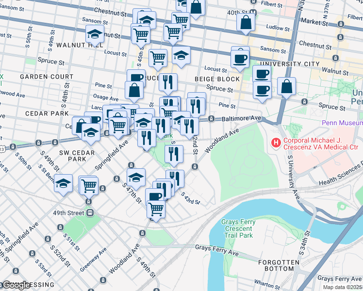 map of restaurants, bars, coffee shops, grocery stores, and more near 4301 Chester Avenue in Philadelphia