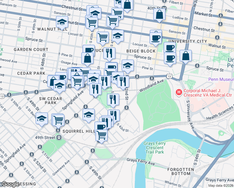map of restaurants, bars, coffee shops, grocery stores, and more near 4301 Chester Avenue in Philadelphia