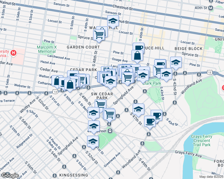 map of restaurants, bars, coffee shops, grocery stores, and more near 907 South 47th Street in Philadelphia