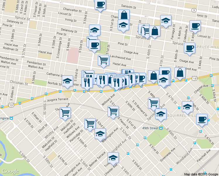 map of restaurants, bars, coffee shops, grocery stores, and more near 5001 Baltimore Avenue in Philadelphia