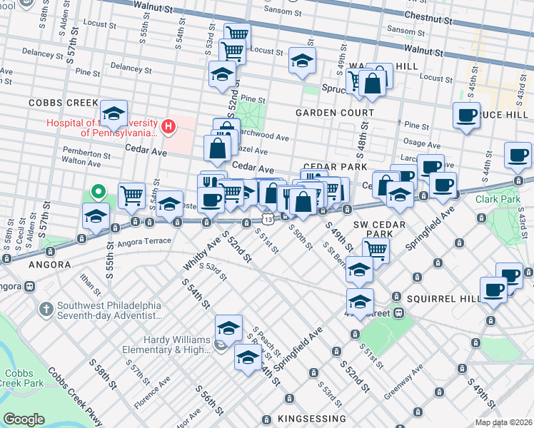 map of restaurants, bars, coffee shops, grocery stores, and more near 5047 Baltimore Avenue in Philadelphia