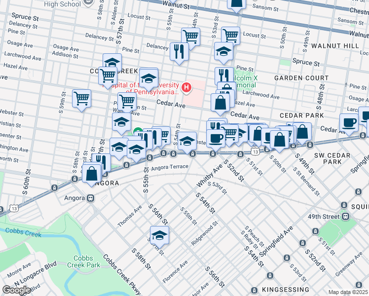 map of restaurants, bars, coffee shops, grocery stores, and more near 5341 Christian Street in Philadelphia