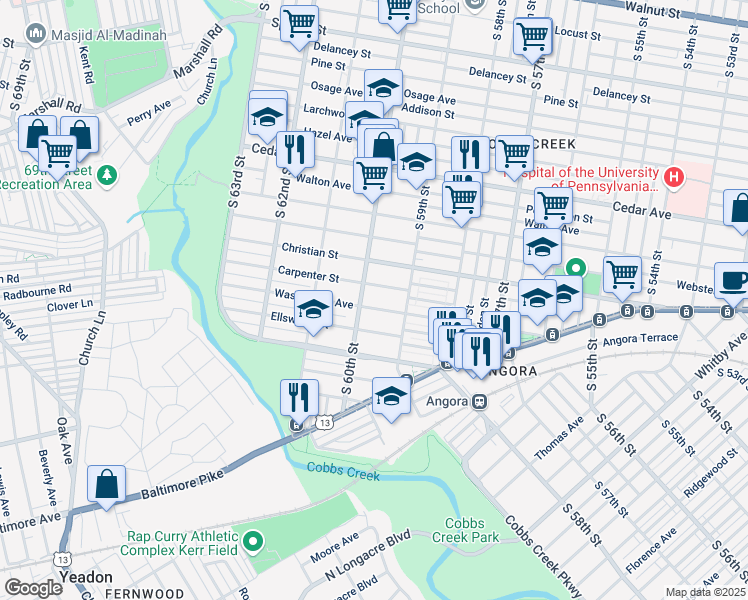 map of restaurants, bars, coffee shops, grocery stores, and more near 5939 Washington Avenue in Philadelphia