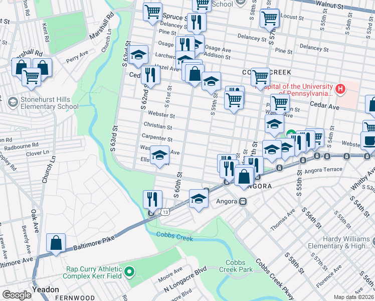 map of restaurants, bars, coffee shops, grocery stores, and more near 5939 Washington Avenue in Philadelphia