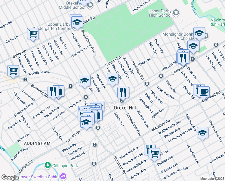 map of restaurants, bars, coffee shops, grocery stores, and more near 460 Shadeland Avenue in Drexel Hill