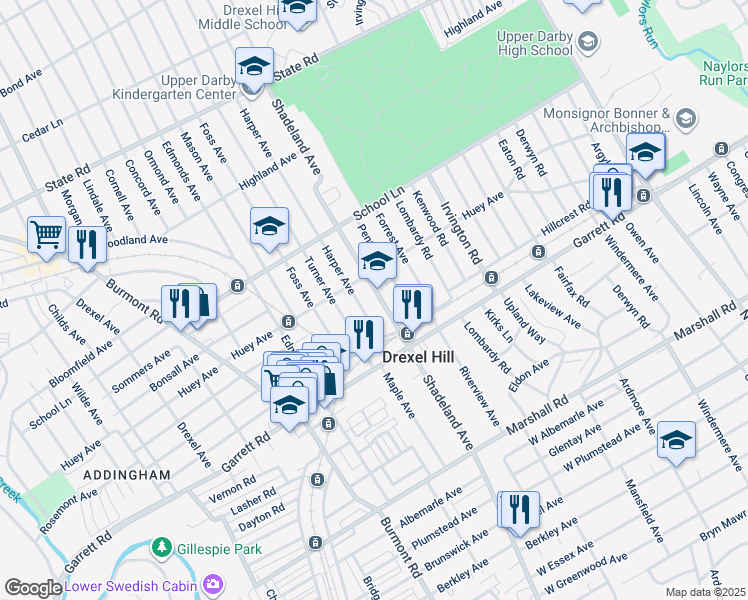 map of restaurants, bars, coffee shops, grocery stores, and more near 454 Shadeland Avenue in Drexel Hill