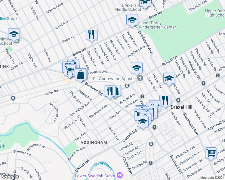 map of restaurants, bars, coffee shops, grocery stores, and more near 605 Aronimink Place in Drexel Hill