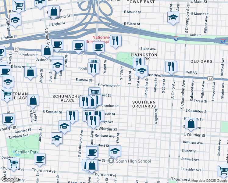 map of restaurants, bars, coffee shops, grocery stores, and more near 786 Ann Street in Columbus