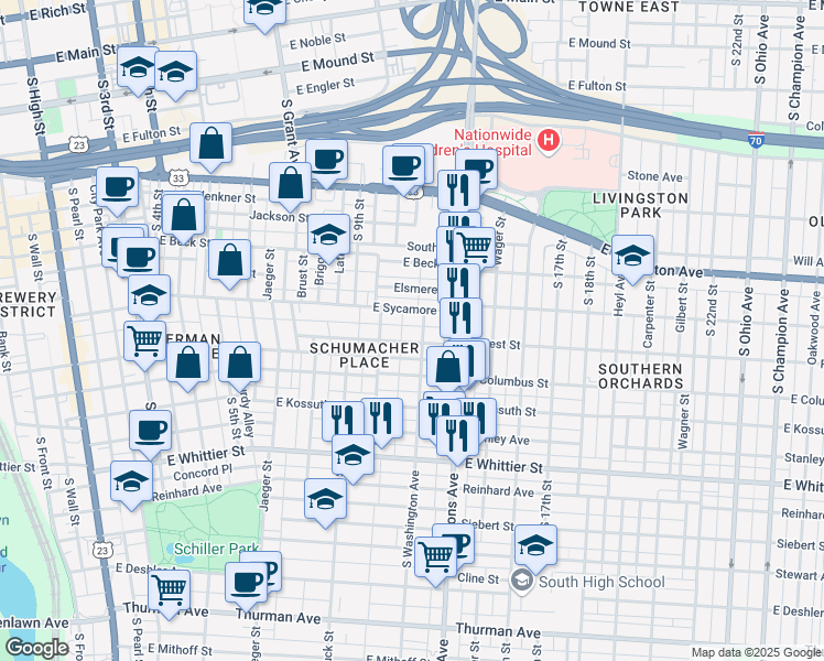 map of restaurants, bars, coffee shops, grocery stores, and more near 484-498 Forest Street in Columbus