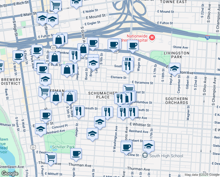 map of restaurants, bars, coffee shops, grocery stores, and more near 753 Beech Street in Columbus