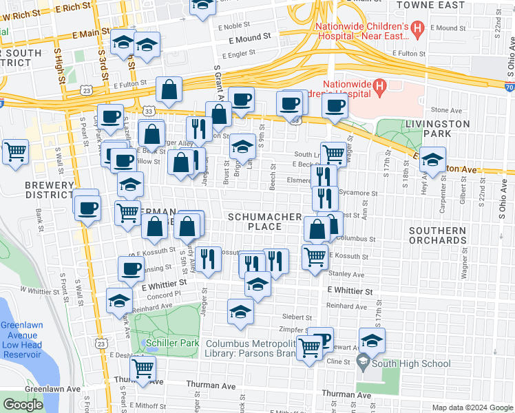 map of restaurants, bars, coffee shops, grocery stores, and more near 380 Forest Street in Columbus
