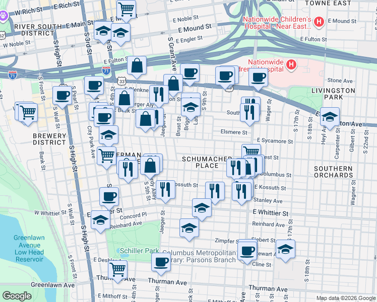 map of restaurants, bars, coffee shops, grocery stores, and more near 380 Forest Street in Columbus