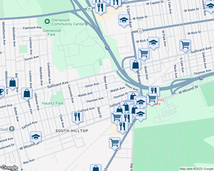 map of restaurants, bars, coffee shops, grocery stores, and more near 457 Ryan Avenue in Columbus