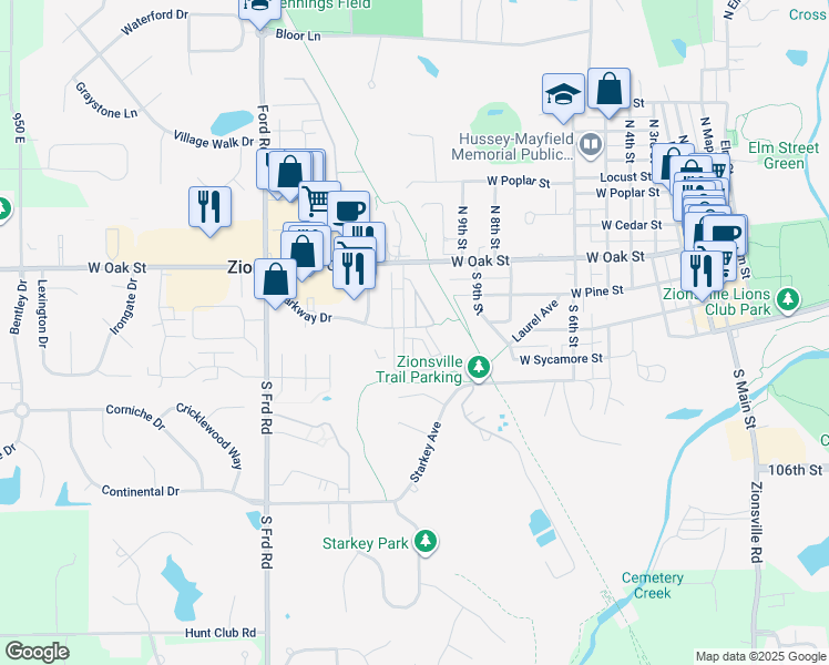 map of restaurants, bars, coffee shops, grocery stores, and more near 954 Parkway Drive in Zionsville