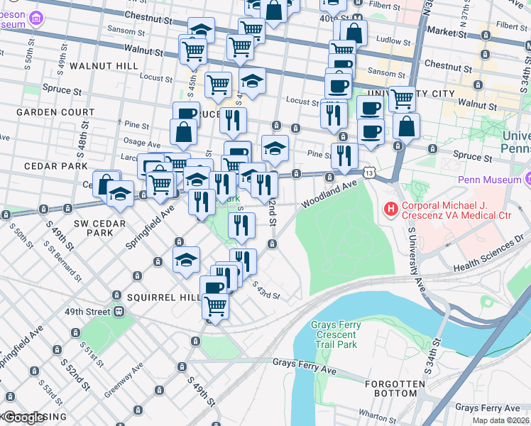 map of restaurants, bars, coffee shops, grocery stores, and more near 4206 Chester Avenue in Philadelphia