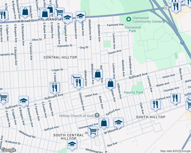 map of restaurants, bars, coffee shops, grocery stores, and more near 375 Whitethorne Avenue in Columbus