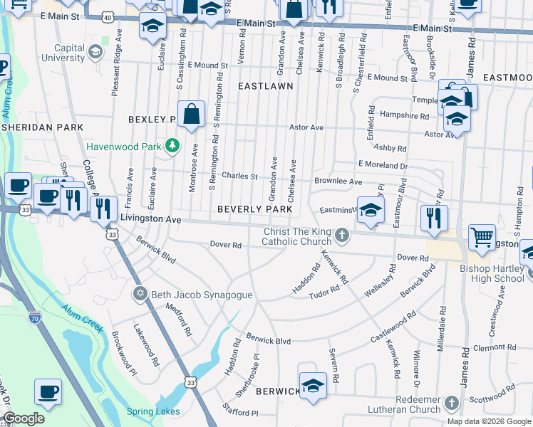 map of restaurants, bars, coffee shops, grocery stores, and more near 1059 Grandon Avenue in Columbus