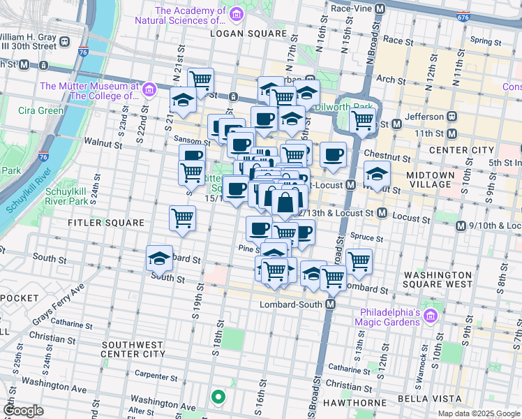 map of restaurants, bars, coffee shops, grocery stores, and more near 1706 Rittenhouse Square in Philadelphia