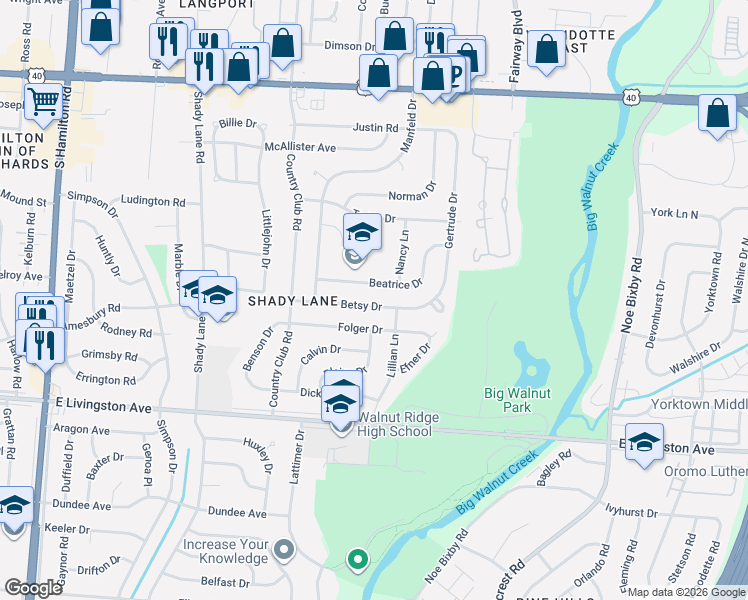 map of restaurants, bars, coffee shops, grocery stores, and more near 4980 Betsy Drive in Columbus