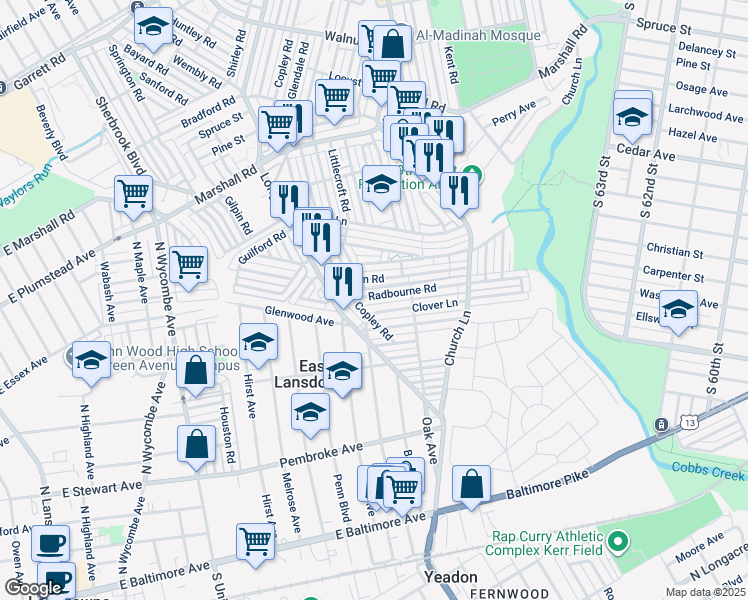 map of restaurants, bars, coffee shops, grocery stores, and more near 7152 Radbourne Road in Upper Darby