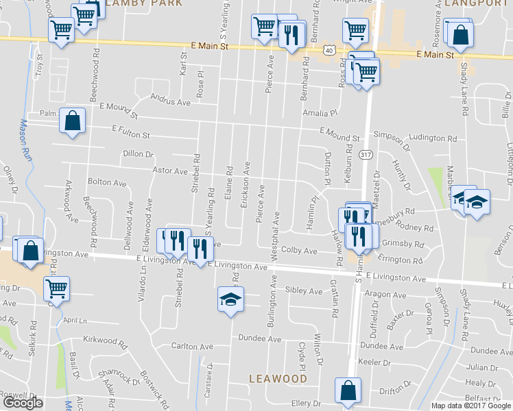 map of restaurants, bars, coffee shops, grocery stores, and more near 1283 Pierce Avenue in Columbus