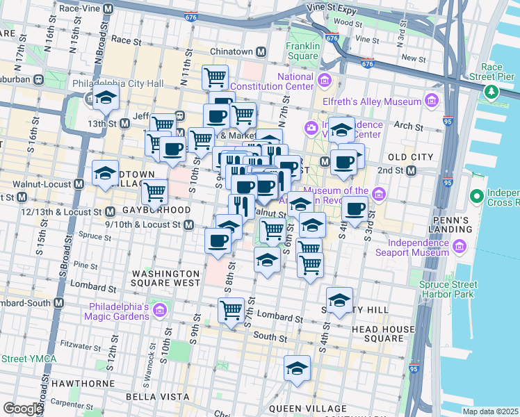 map of restaurants, bars, coffee shops, grocery stores, and more near 711 Walnut Street in Philadelphia