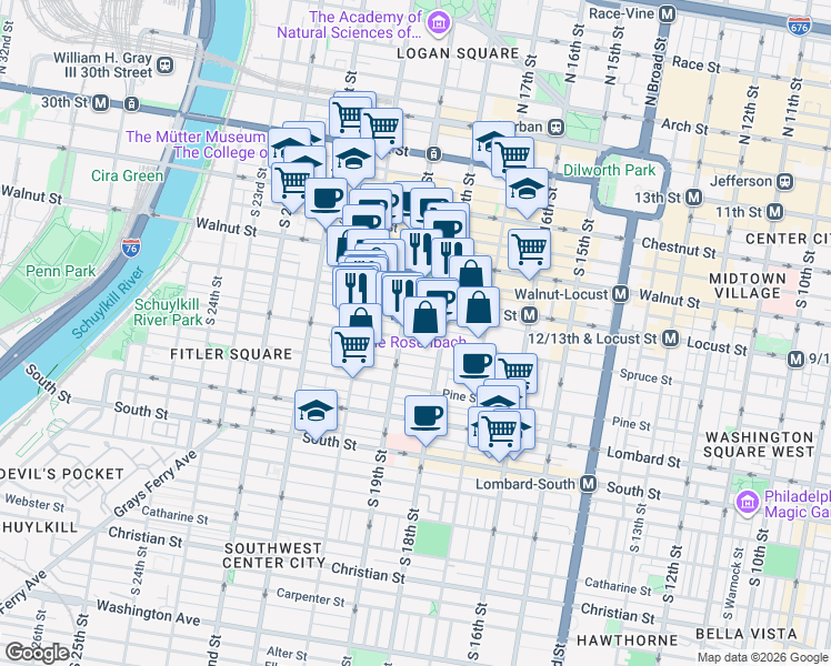 map of restaurants, bars, coffee shops, grocery stores, and more near 1829 Spruce Street in Philadelphia