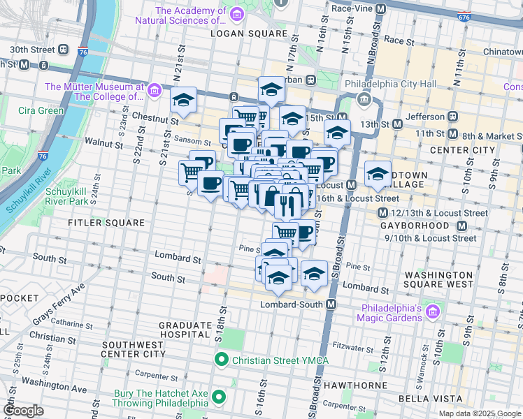 map of restaurants, bars, coffee shops, grocery stores, and more near 1706 Rittenhouse Square in Philadelphia