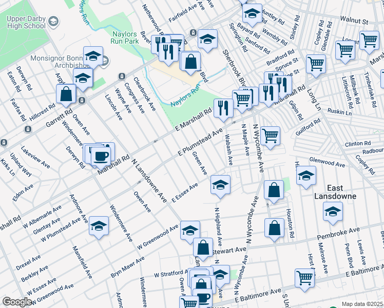 map of restaurants, bars, coffee shops, grocery stores, and more near 260 Green Avenue in Lansdowne