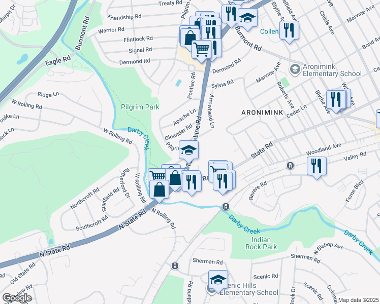 map of restaurants, bars, coffee shops, grocery stores, and more near 5201 Bella Vista Road in Drexel Hill
