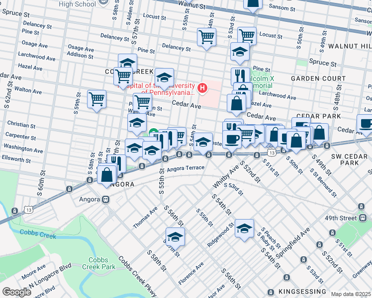 map of restaurants, bars, coffee shops, grocery stores, and more near 5407 Christian Street in Philadelphia