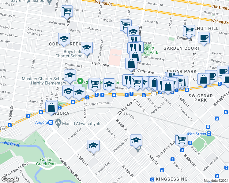map of restaurants, bars, coffee shops, grocery stores, and more near 742 South 53rd Street in Philadelphia