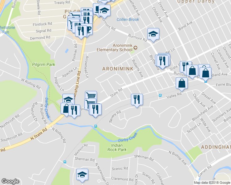 map of restaurants, bars, coffee shops, grocery stores, and more near Clarendon Road in Upper Darby