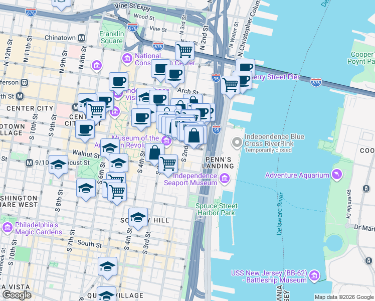 map of restaurants, bars, coffee shops, grocery stores, and more near 105 South 2nd Street in Philadelphia