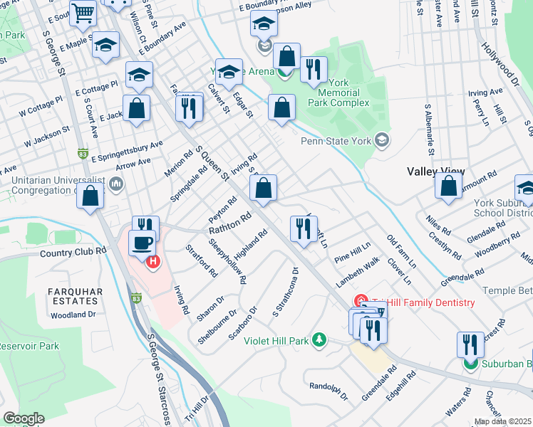 map of restaurants, bars, coffee shops, grocery stores, and more near 1305 Pennsylvania 74 in York