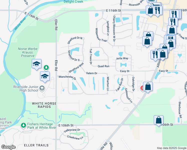 map of restaurants, bars, coffee shops, grocery stores, and more near 6551 Salem Drive in Fishers