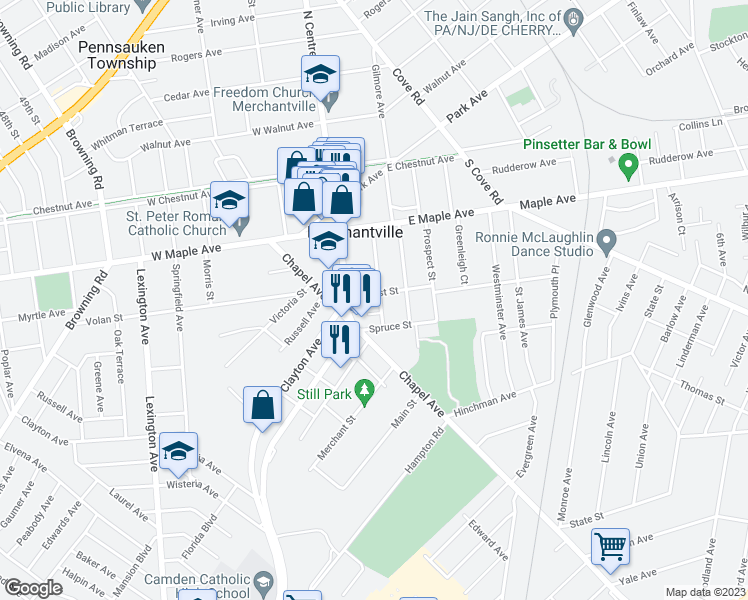 map of restaurants, bars, coffee shops, grocery stores, and more near 26 Locust Street in Merchantville