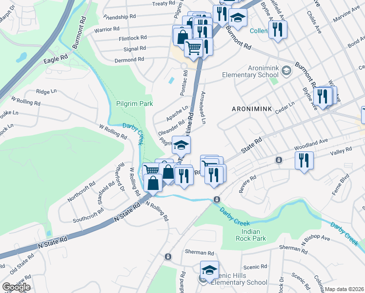 map of restaurants, bars, coffee shops, grocery stores, and more near 5201 Bella Vista Road in Drexel Hill