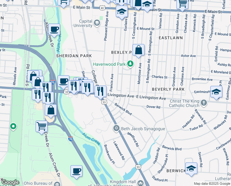 map of restaurants, bars, coffee shops, grocery stores, and more near 2326 East Livingston Avenue in Bexley