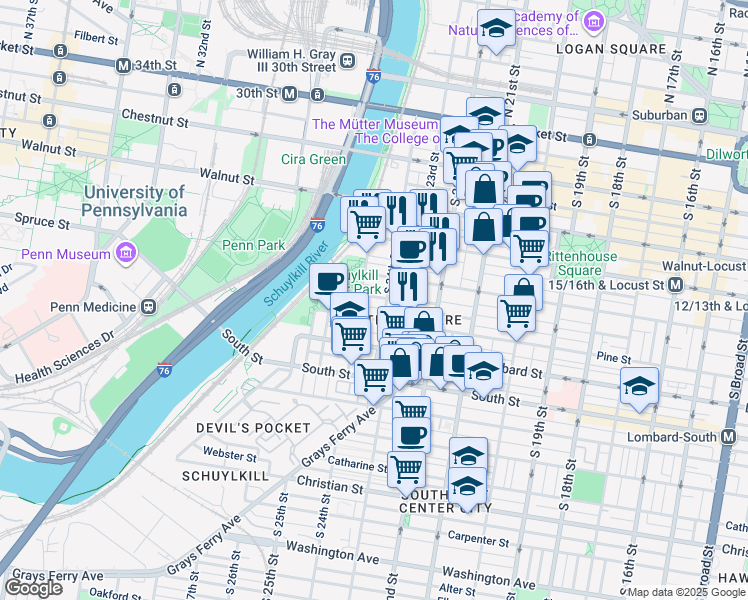 map of restaurants, bars, coffee shops, grocery stores, and more near 2410 Delancey Place in Philadelphia