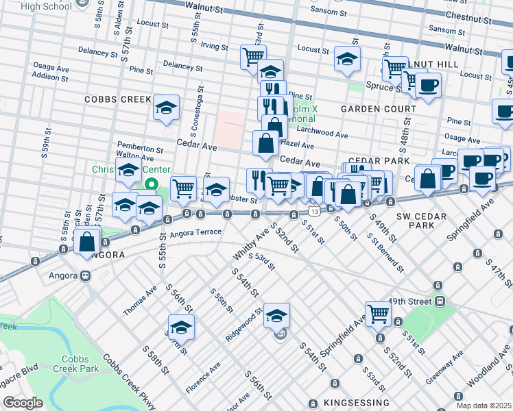 map of restaurants, bars, coffee shops, grocery stores, and more near 5202 Webster Street in Philadelphia
