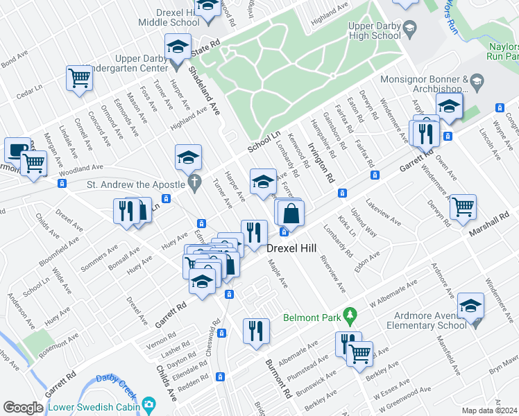 map of restaurants, bars, coffee shops, grocery stores, and more near 460 Shadeland Avenue in Drexel Hill