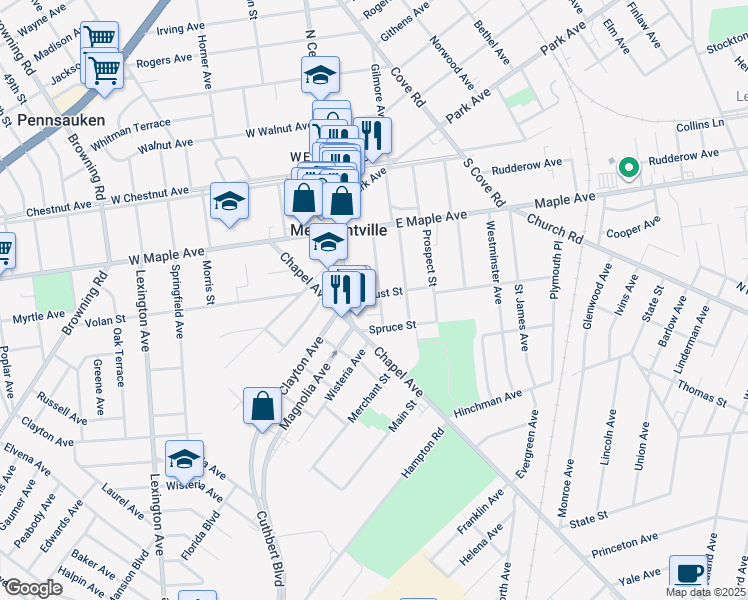 map of restaurants, bars, coffee shops, grocery stores, and more near 26 Locust Street in Merchantville
