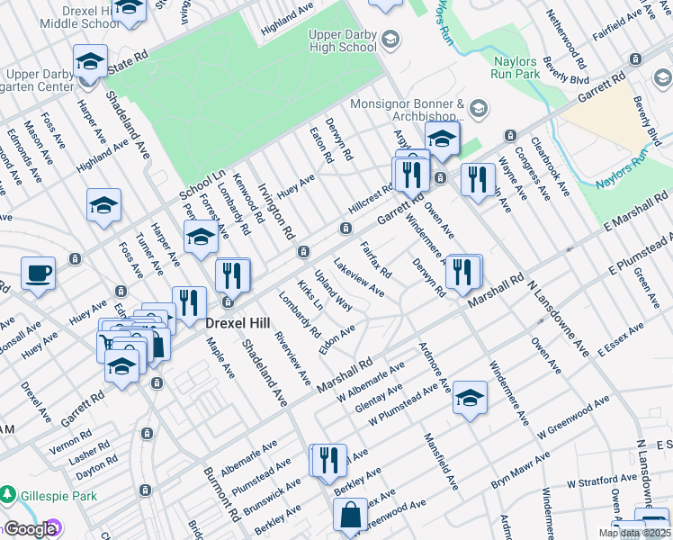 map of restaurants, bars, coffee shops, grocery stores, and more near 390 Lakeview Ave in Drexel Hill