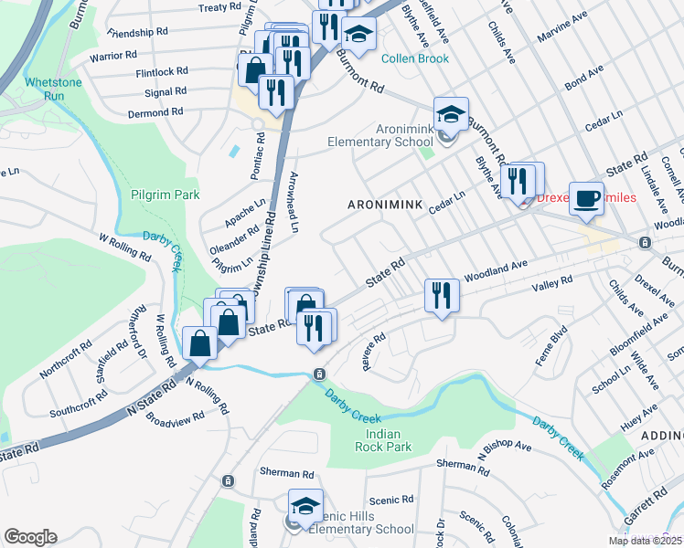 map of restaurants, bars, coffee shops, grocery stores, and more near 4900 Cedar Lane in Drexel Hill