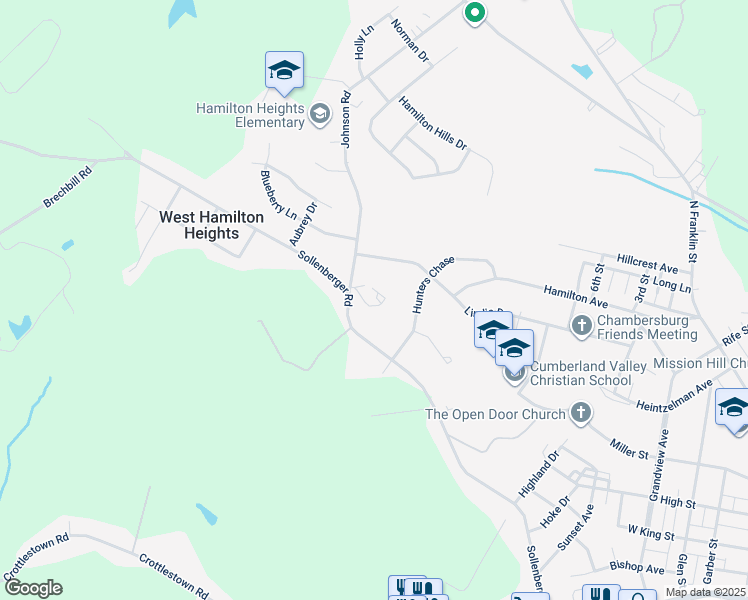 map of restaurants, bars, coffee shops, grocery stores, and more near 1322 Johnson Road in Chambersburg